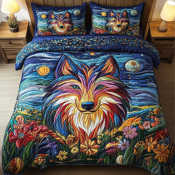 Wild Spirit quilted 3-piece bedding set on a made bed with two matching pillow shams