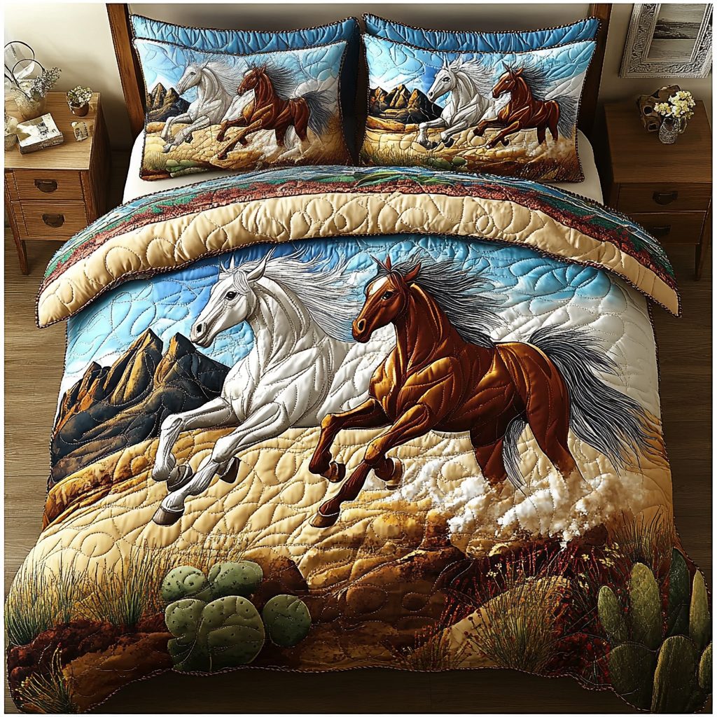 Wild Spirit quilted 3-piece bedding set on a made bed with two matching pillow shams