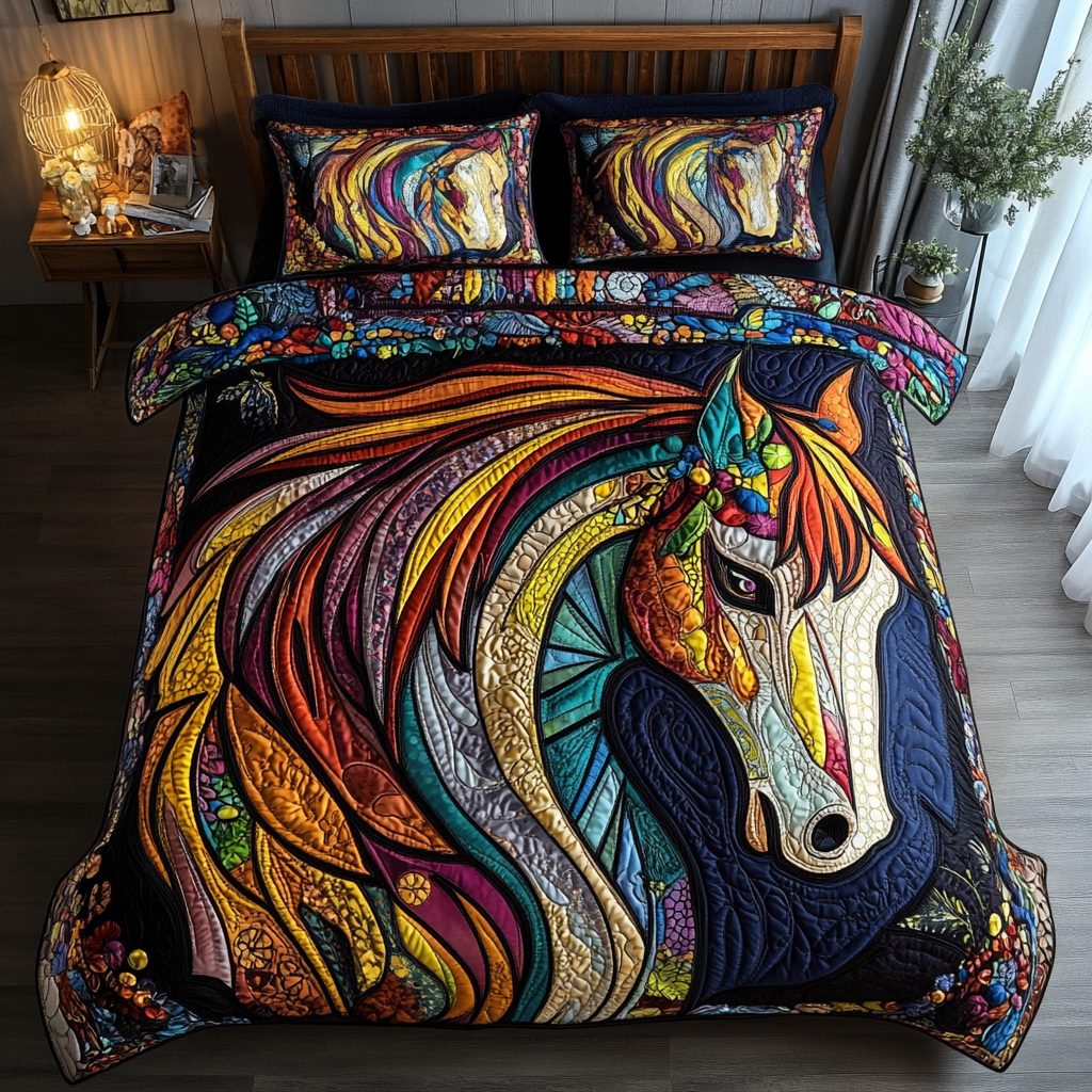 Wild Spirit quilted 3-piece bedding set on a made bed with two matching pillow shams