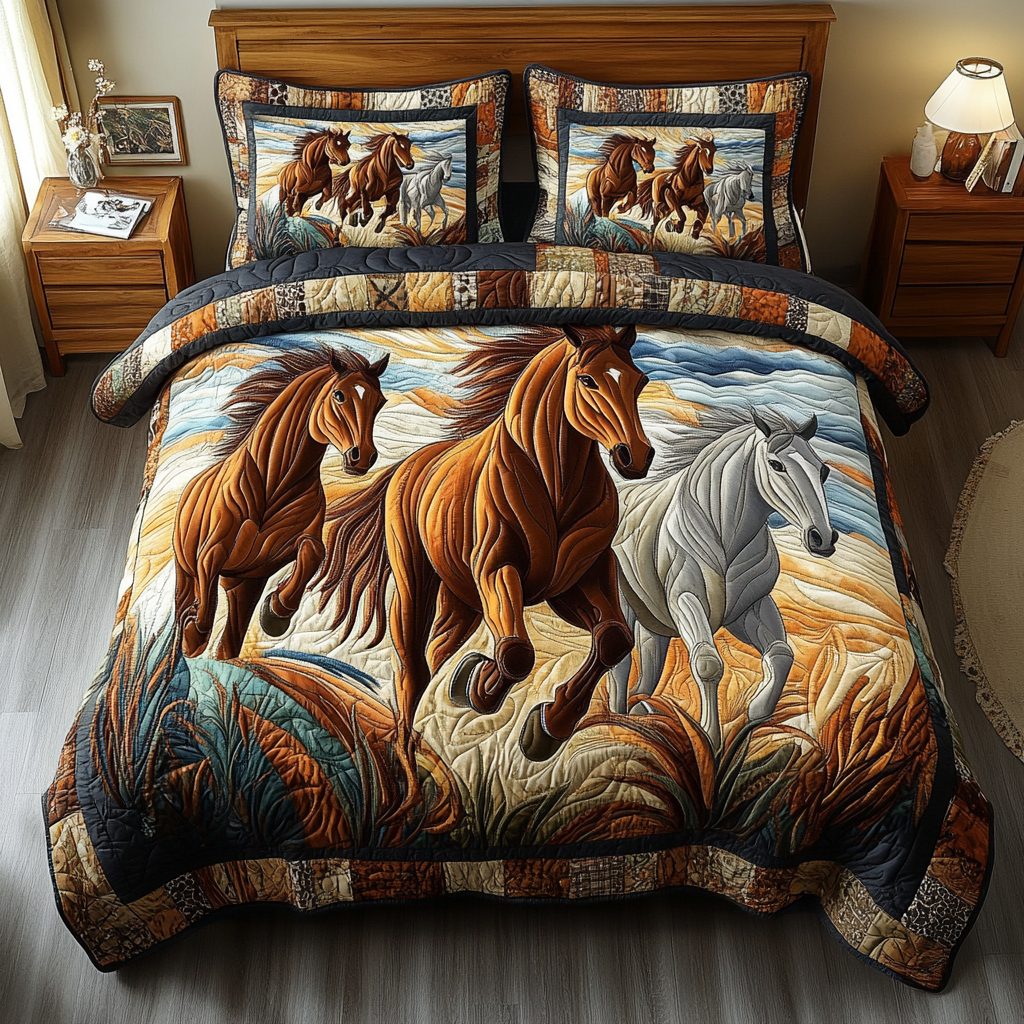 Wild Spirit quilted 3-piece bedding set on a made bed with two matching pillow shams