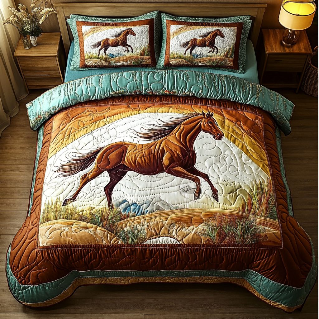 Wild Spirit quilted 3-piece bedding set on a made bed with two matching pillow shams