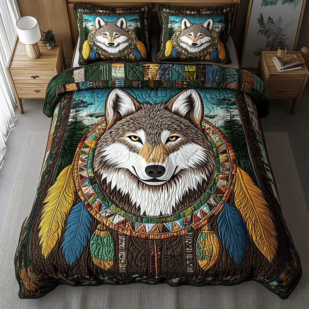 Wild Spirit quilted 3-piece bedding set on a made bed with two matching pillow shams
