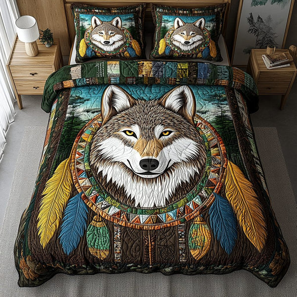 Wild Spirit quilted 3-piece bedding set on a made bed with two matching pillow shams