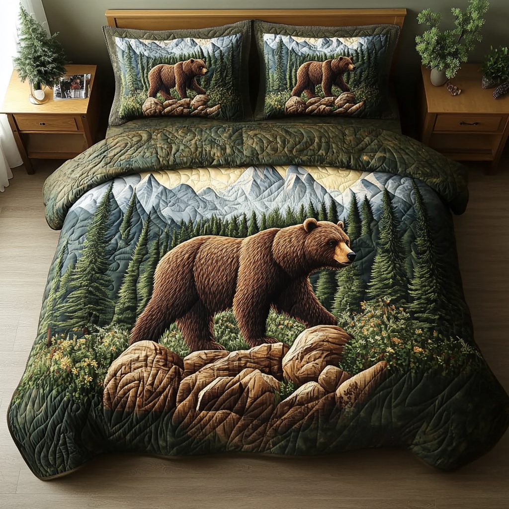 Wild Spirit quilted 3-piece bedding set on a made bed with two matching pillow shams