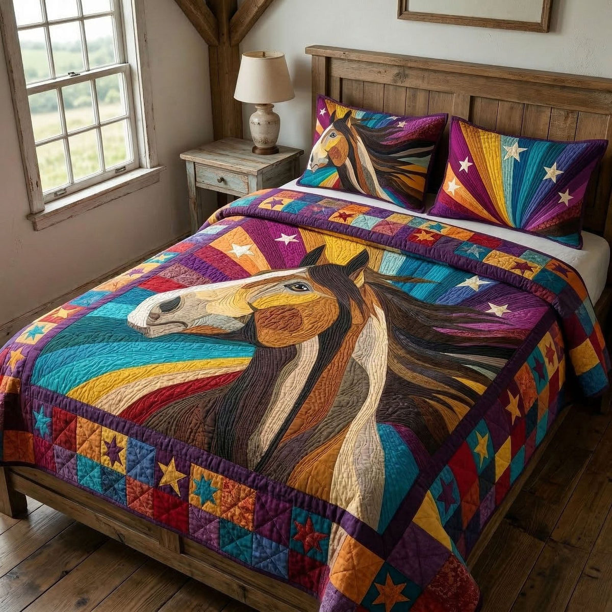 Wild Spirit quilted 3-piece bedding set on a made bed with two matching pillow shams