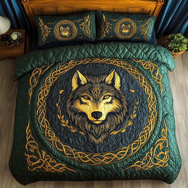 Wild Spirit quilted 3-piece bedding set on a made bed with two matching pillow shams