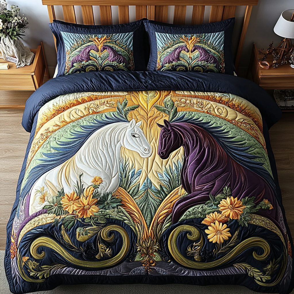 Wild Spirit quilted 3-piece bedding set on a made bed with two matching pillow shams