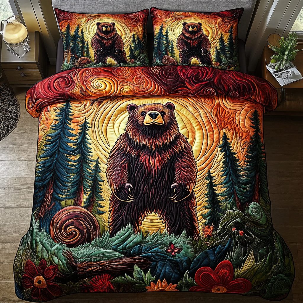Wild Spirit quilted 3-piece bedding set on a made bed with two matching pillow shams