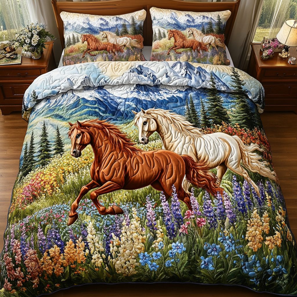 Wild Spirit quilted 3-piece bedding set on a made bed with two matching pillow shams