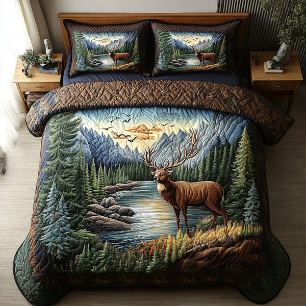 Wild Stag quilted 3-piece bedding set on a made bed with two matching pillow shams