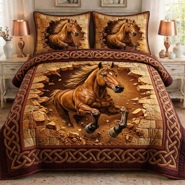Wild Stallion quilted 3-piece bedding set on a made bed in a rustic timber bedroom