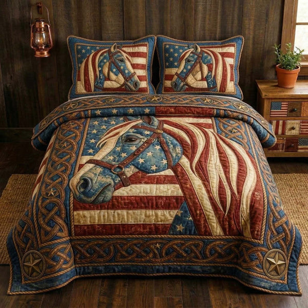Wild Stallion quilted 3-piece bedding set on a made bed in a rustic timber bedroom