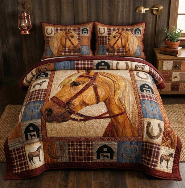 Wild Stallion quilted 3-piece bedding set on a made bed in a rustic timber bedroom