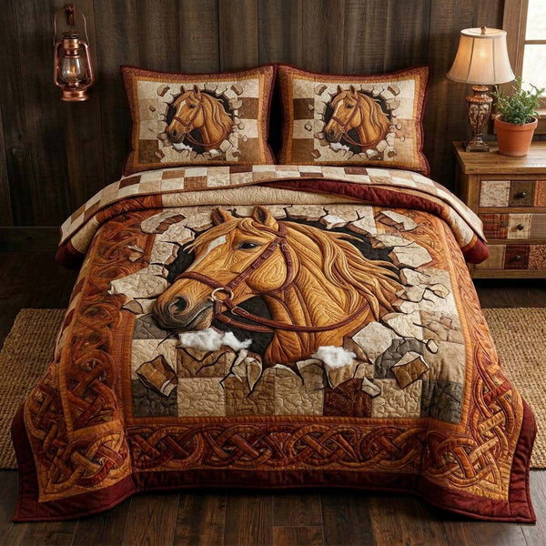 Wild Stallion quilted 3-piece bedding set on a made bed in a rustic timber bedroom