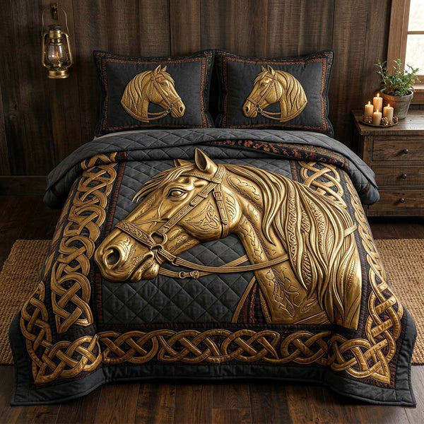 Wild Stallion quilted 3-piece bedding set on a made bed in a rustic timber bedroom