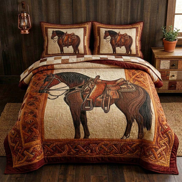 Wild Stallion quilted 3-piece bedding set on a made bed in a rustic timber bedroom