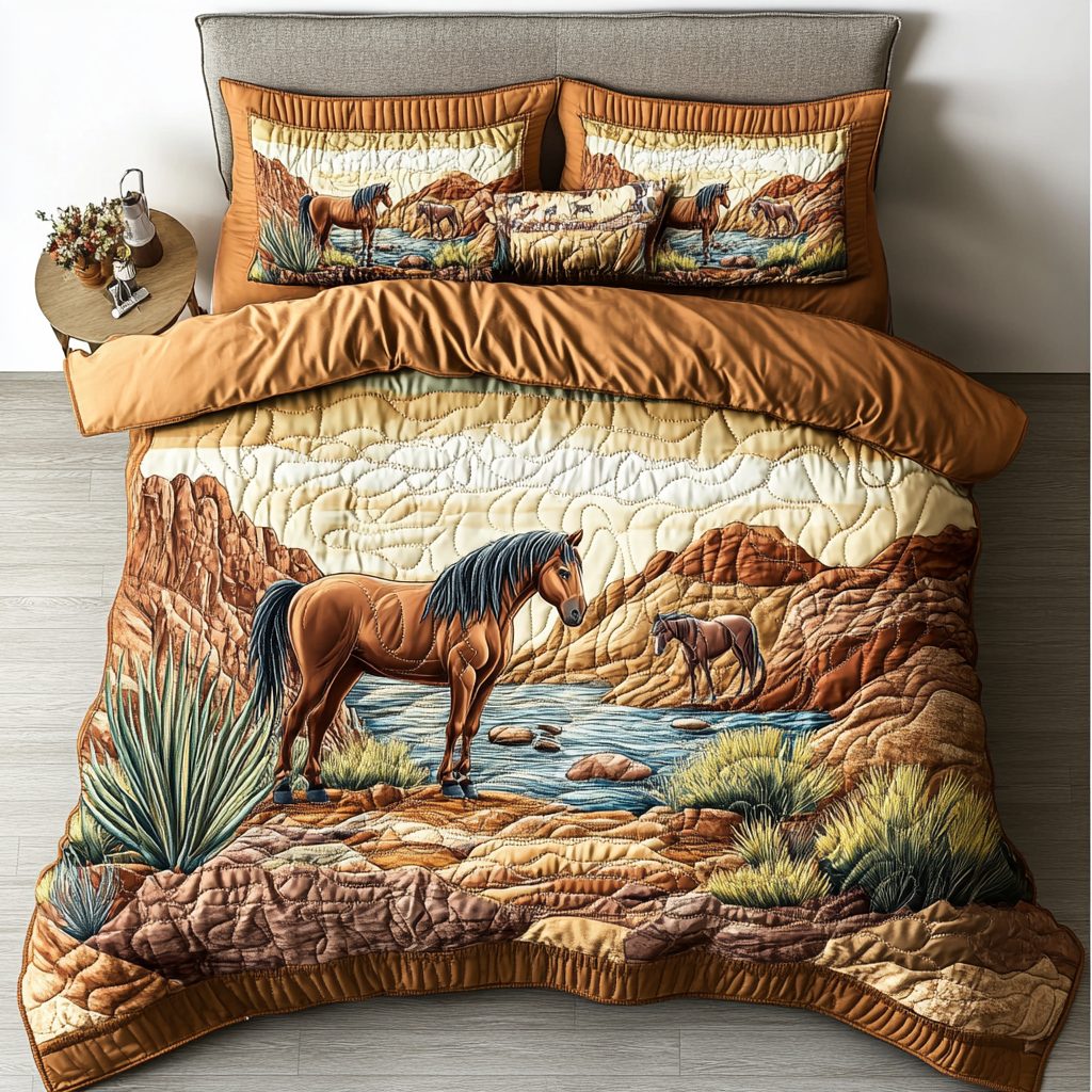 Wild Stallion quilted 3-piece bedding set on a made bed in a rustic timber bedroom