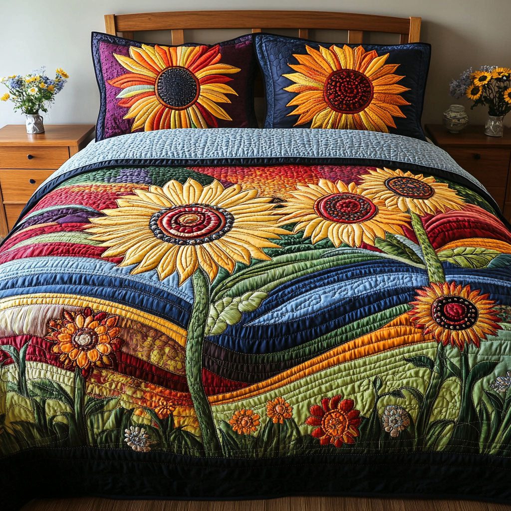 Wild Sunflower Charm quilted 3-piece bedding set on a made bed with two matching pillow shams