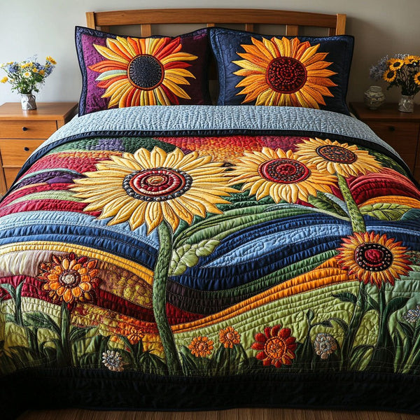 Wild Sunflower Charm quilted 3-piece bedding set on a made bed with two matching pillow shams