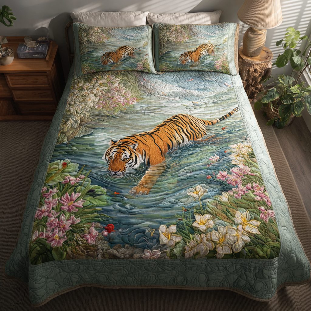 Wild Tiger quilted 3-piece bedding set on a made bed with two matching pillow shams