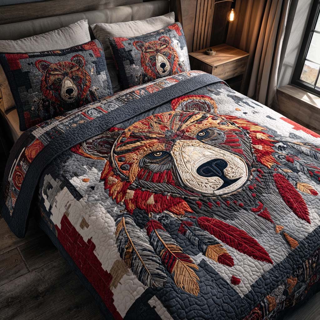 Wild Totem quilted 3-piece bedding set on a made bed with two matching pillow shams