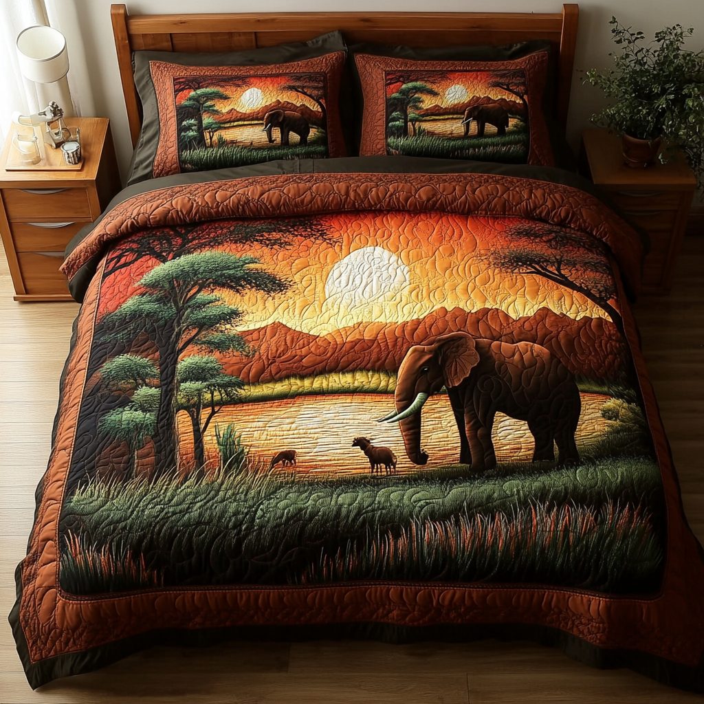 Wild Tracks quilted 3-piece bedding set on a made bed with two matching pillow shams
