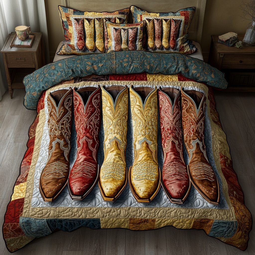 Wild Trails quilted 3-piece bedding set on a made bed with two matching pillow shams