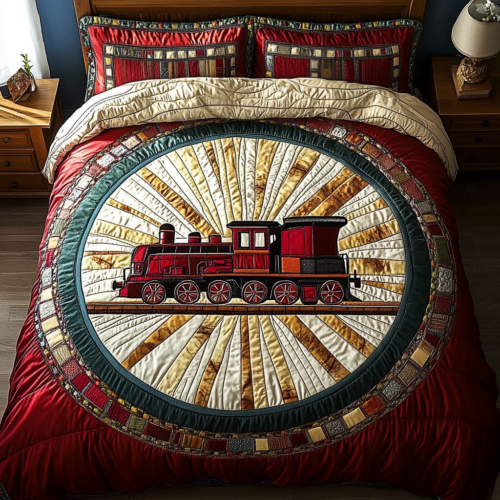 Wild Train quilted 3-piece bedding set on a made bed with two matching pillow shams