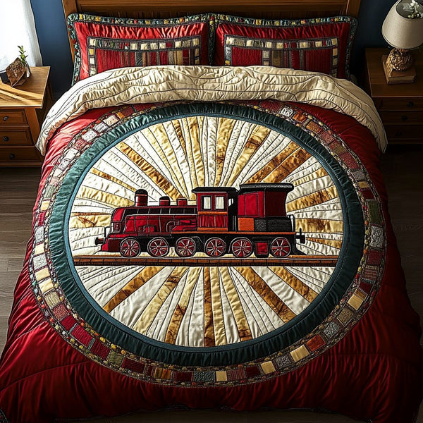 Wild Train quilted 3-piece bedding set on a made bed with two matching pillow shams
