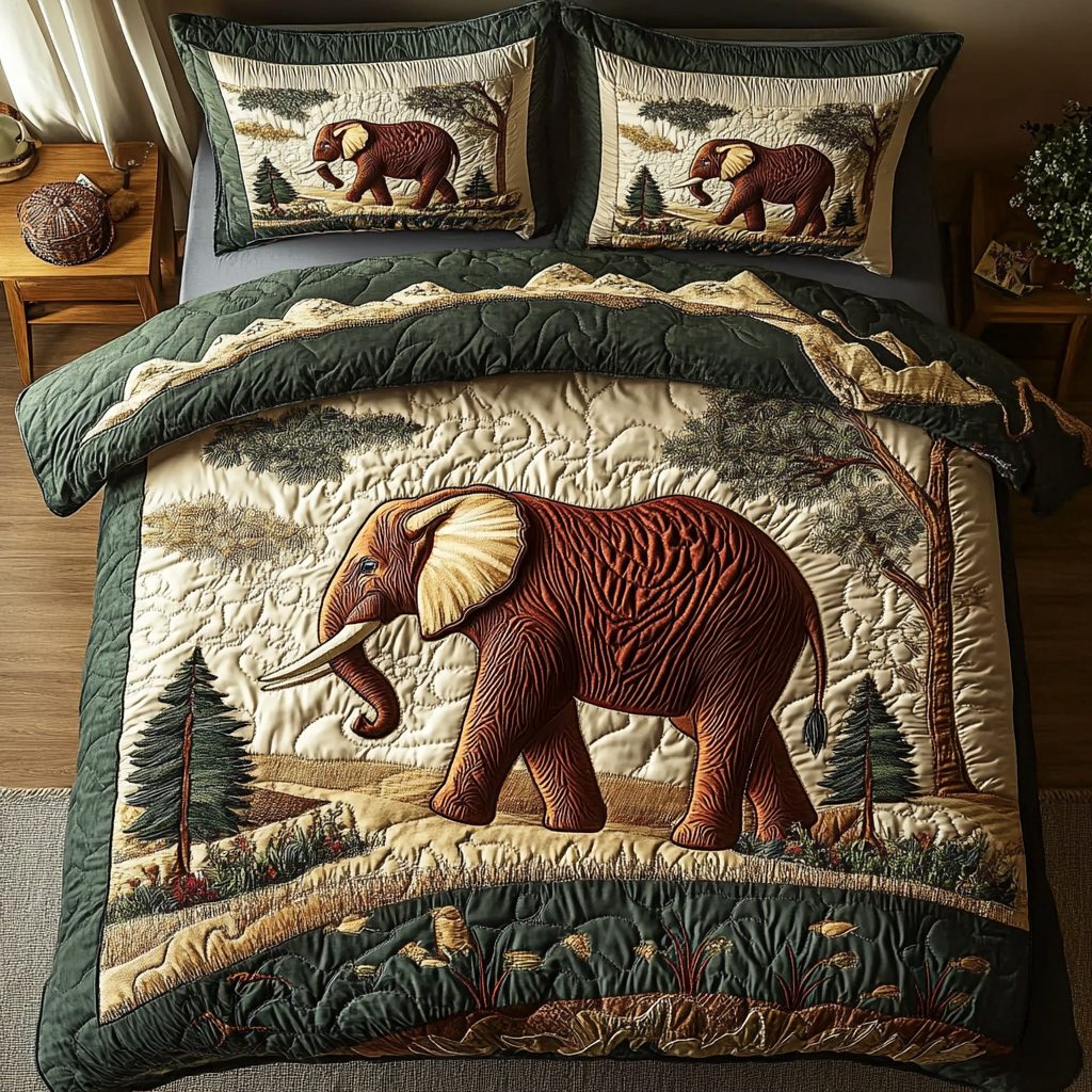 Wild Trunk Elegance quilted 3-piece bedding set on a made bed with two matching pillow shams