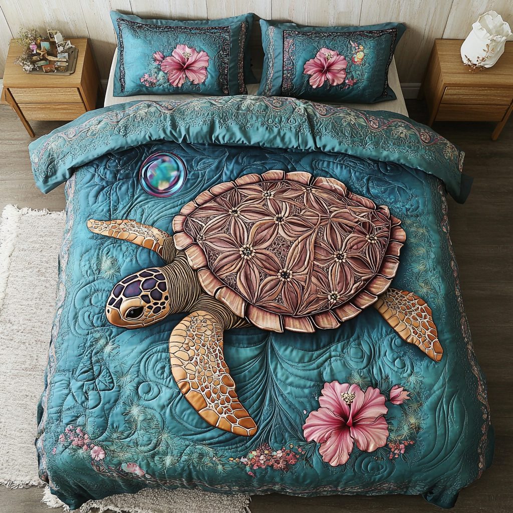 Wild Turtle quilted 3-piece bedding set on a made bed in a light coastal bedroom