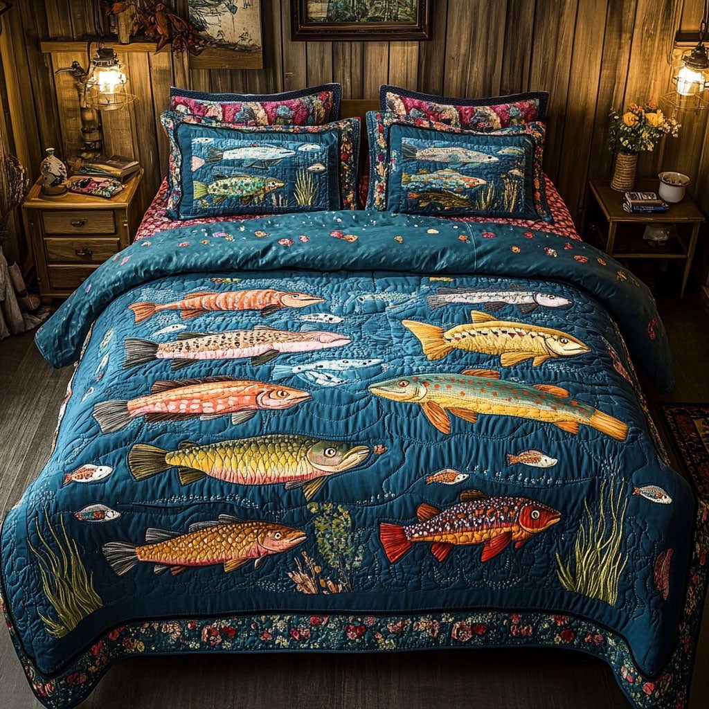 Wild Waters quilted 3-piece bedding set on a made bed with two matching pillow shams