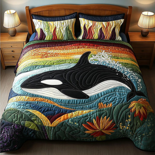 Wild Wave quilted 3-piece bedding set on a made bed in a light coastal bedroom