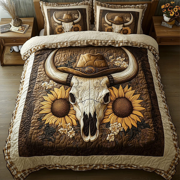 Wild West Bull Skull quilted 3-piece bedding set on a made bed against a dark styled interior