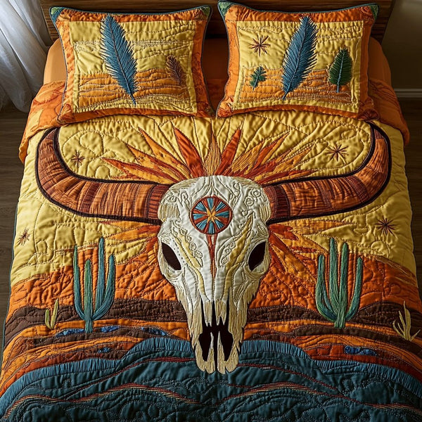 Wild West Charm quilted 3-piece bedding set on a made bed with two matching pillow shams