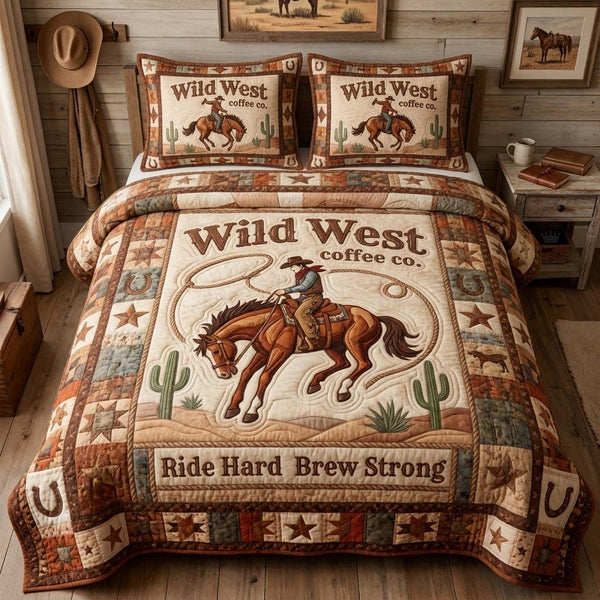 Wild West Coffee quilted 3-piece bedding set on a made bed with two matching pillow shams