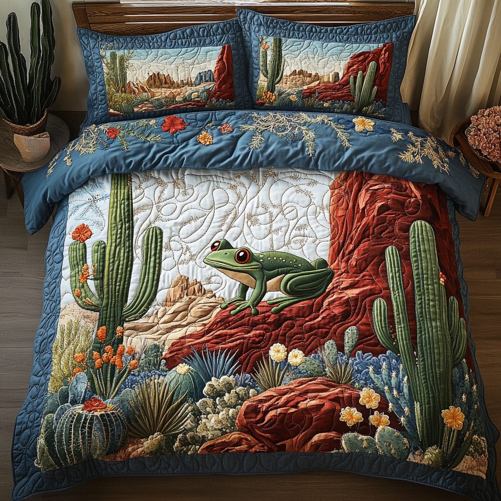 Wild West Frog quilted 3-piece bedding set on a made bed with two matching pillow shams