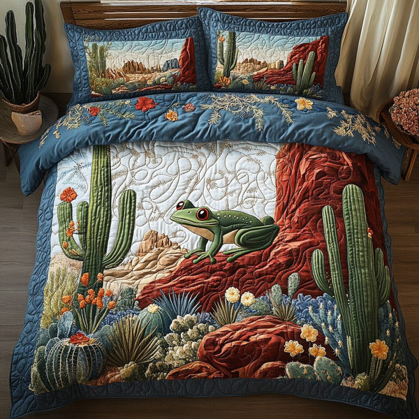 Wild West Frog quilted 3-piece bedding set on a made bed with two matching pillow shams