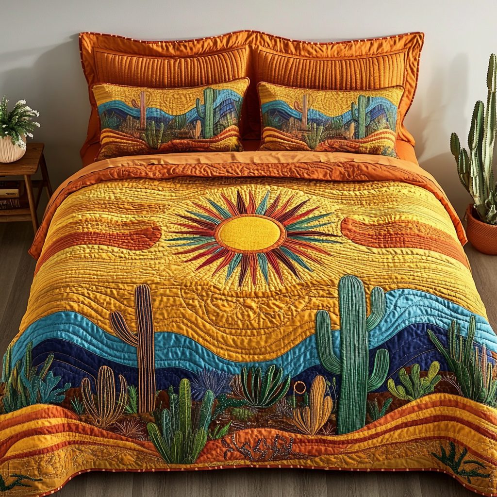 Wild West Glow quilted 3-piece bedding set on a made bed with two matching pillow shams