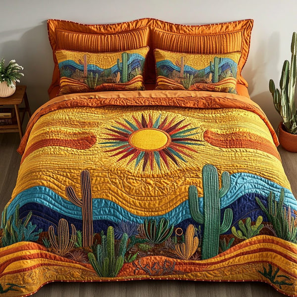 Wild West Glow quilted 3-piece bedding set on a made bed with two matching pillow shams