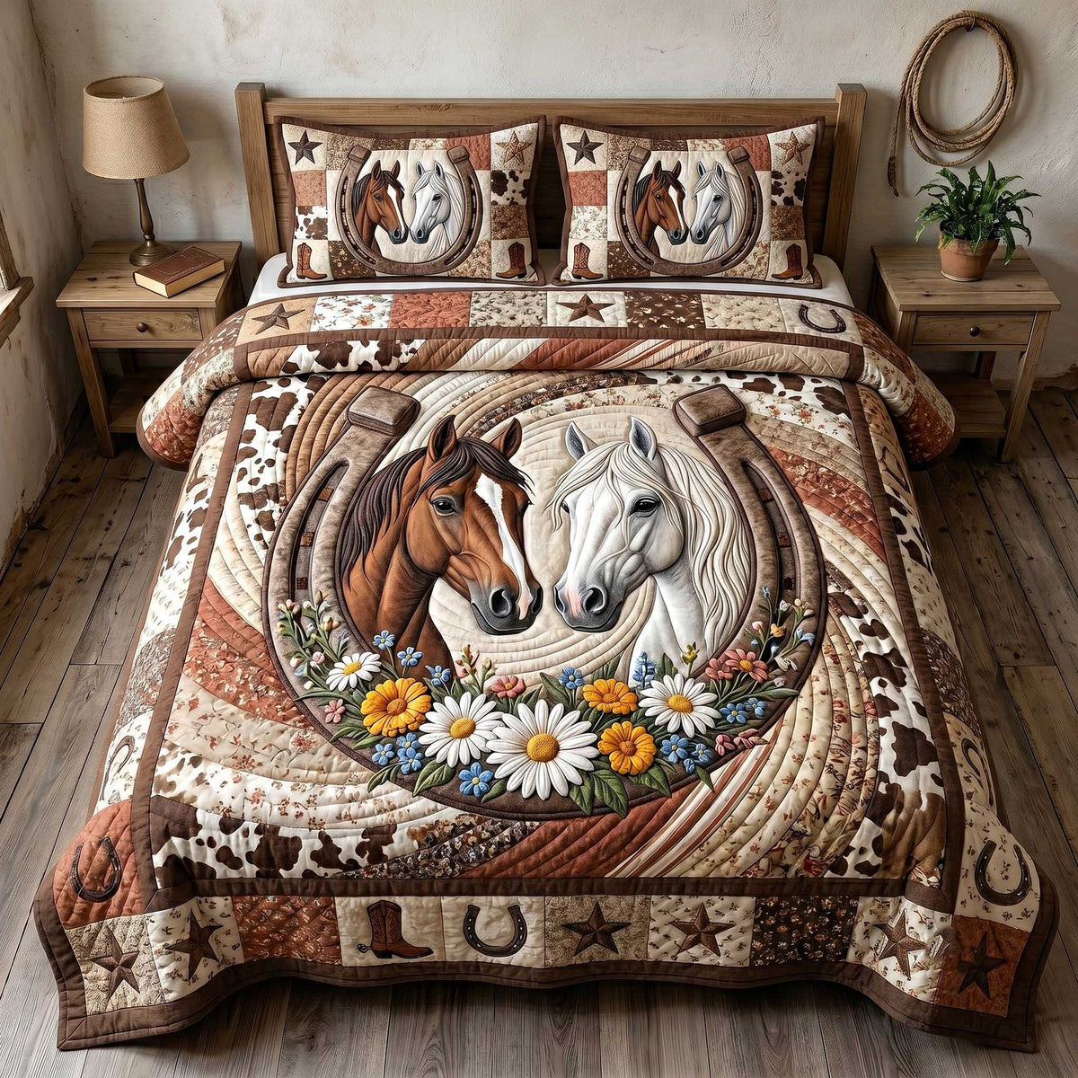 Wild West Horseshoe quilted 3-piece bedding set on a made bed with two matching pillow shams
