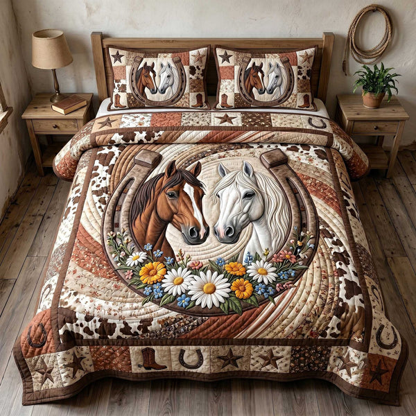 Wild West Horseshoe quilted 3-piece bedding set on a made bed with two matching pillow shams