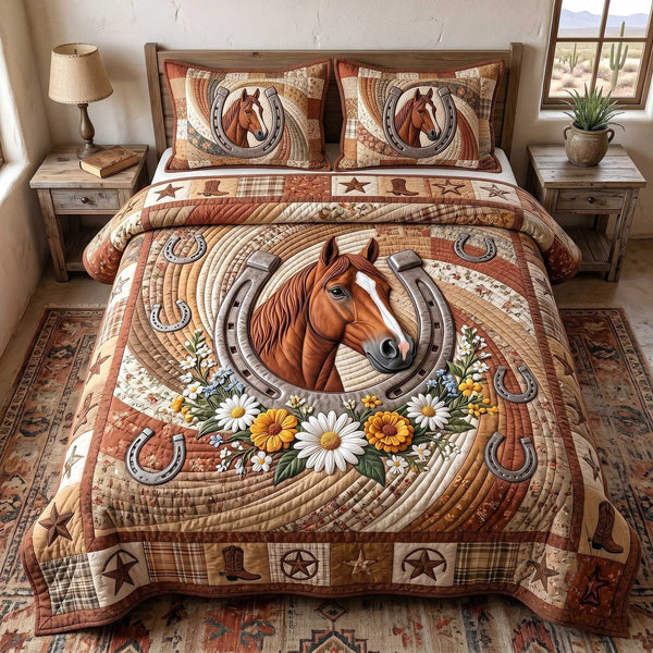 Wild West Horseshoe quilted 3-piece bedding set on a made bed with two matching pillow shams