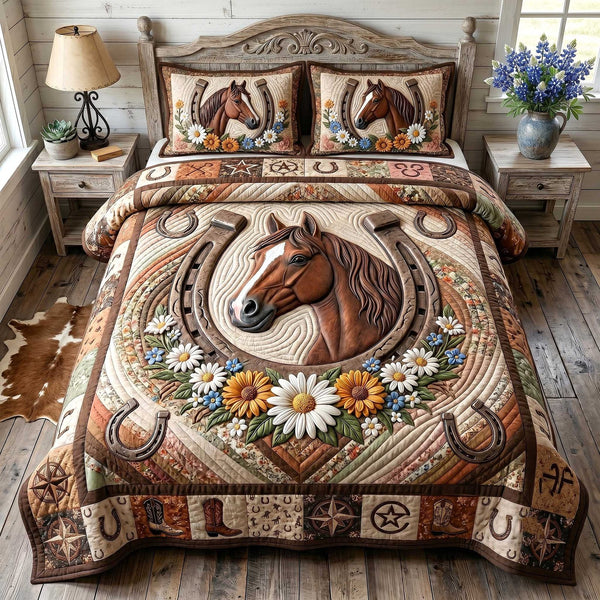Wild West Horseshoe quilted 3-piece bedding set on a made bed with two matching pillow shams
