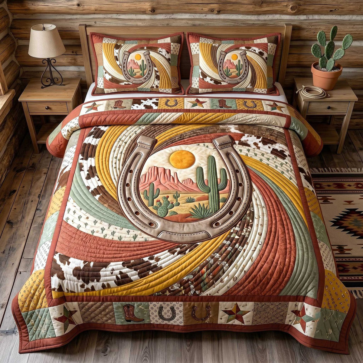 Wild West Horseshoe quilted 3-piece bedding set on a made bed with two matching pillow shams