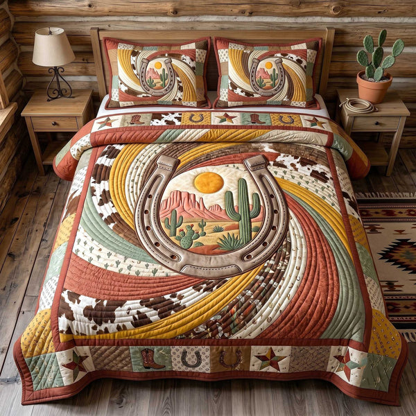Wild West Horseshoe quilted 3-piece bedding set on a made bed with two matching pillow shams
