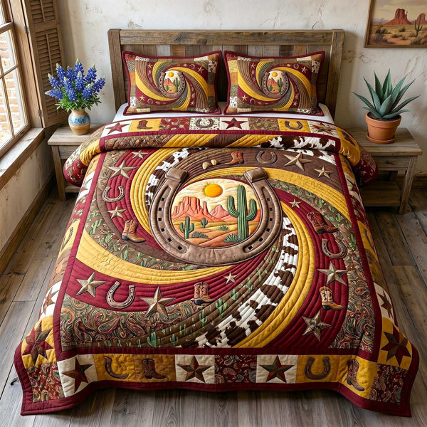 Wild West Horseshoe quilted 3-piece bedding set on a made bed with two matching pillow shams