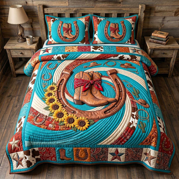 Wild West Horseshoe quilted 3-piece bedding set on a made bed with two matching pillow shams