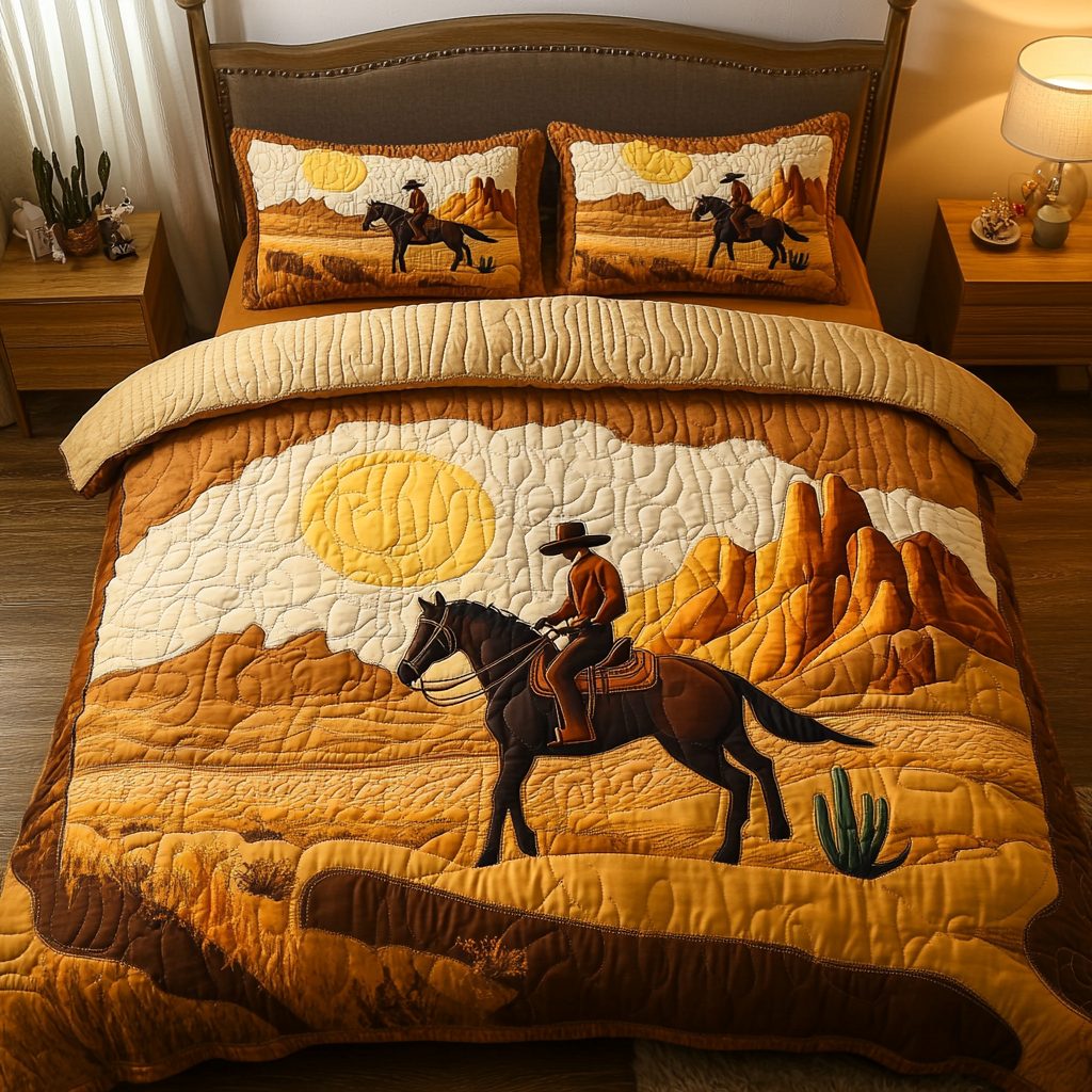 Wild West quilted 3-piece bedding set on a made bed with two matching pillow shams