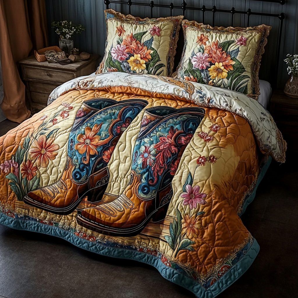 Wild West quilted 3-piece bedding set on a made bed with two matching pillow shams